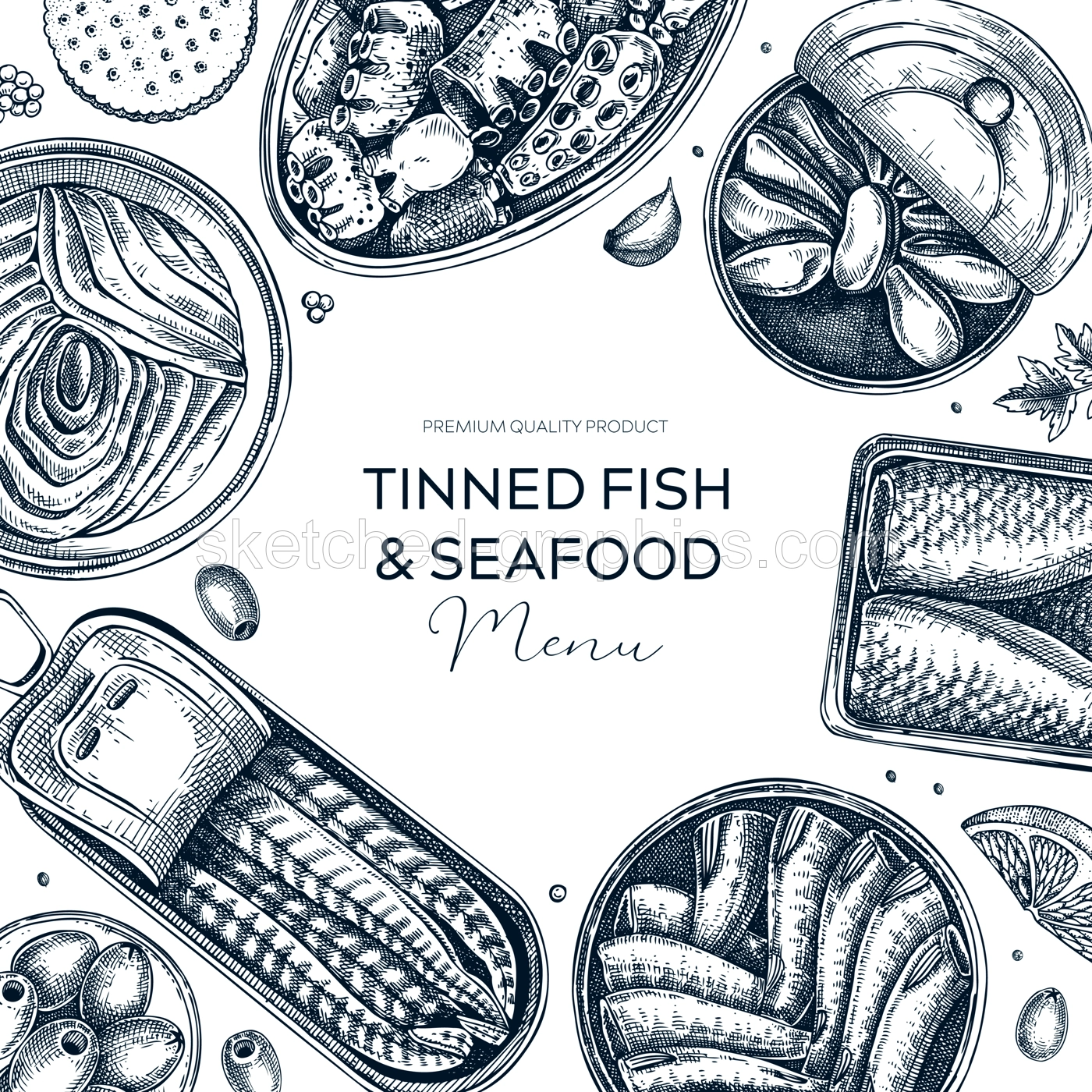 Tinned fish table design. Hand-drawn seafood restaurant frame in sketch style. Canned fish and shellfish isolated on white. Vintage sardines, mackerel, tuna, mussels vector food illustration Illustration